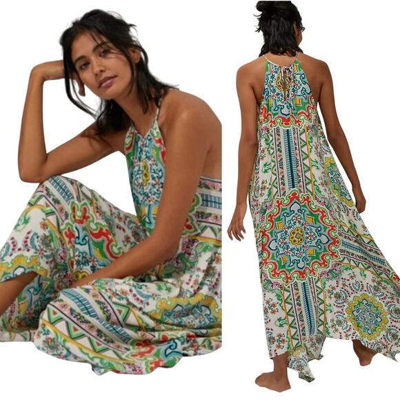 Anthropologie Ella Printed Halter Maxi Dress High Low Hanky Hem A Line XS/S - Picture 1 of 12